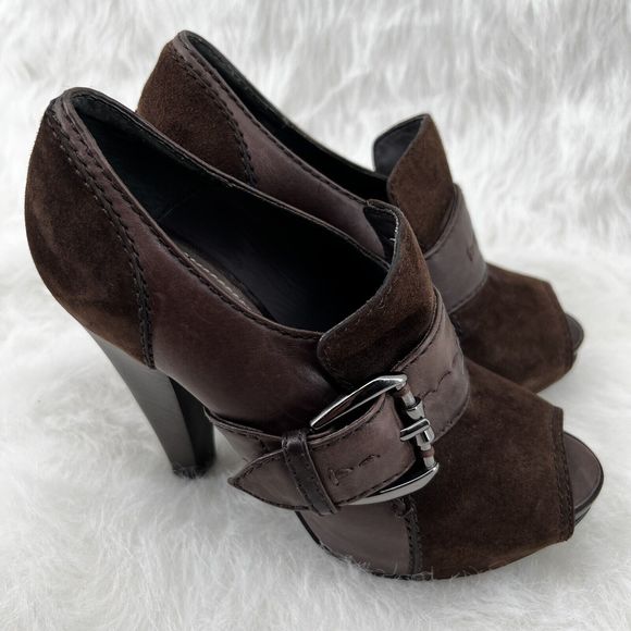 Kurt Geiger Sz 36 US 5.5 Brown Leather Suede Peep Toe 4.5” Stacked Heel Pump - Picture 15 of 16